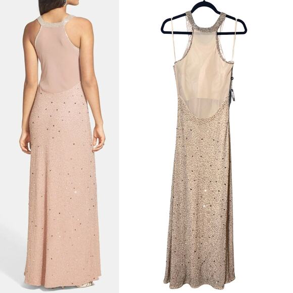 ADRIANNA PAPELL DRESS 10P GOWN TAUPE PINK SEQUIN BEADED LONG FORMAL MAXI EVENING - Picture 2 of 15